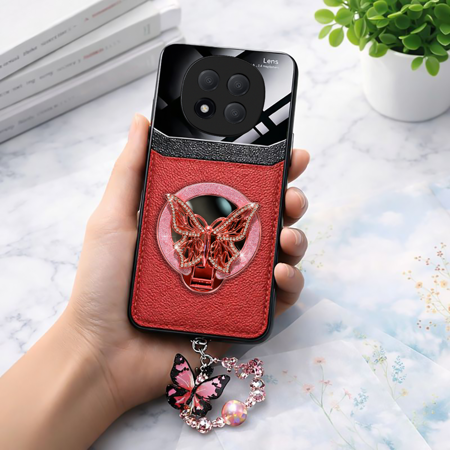 Redmi Note 14 Pro+ 5G Premium Leather Lens Butterfly Stand Case with Charm Strap