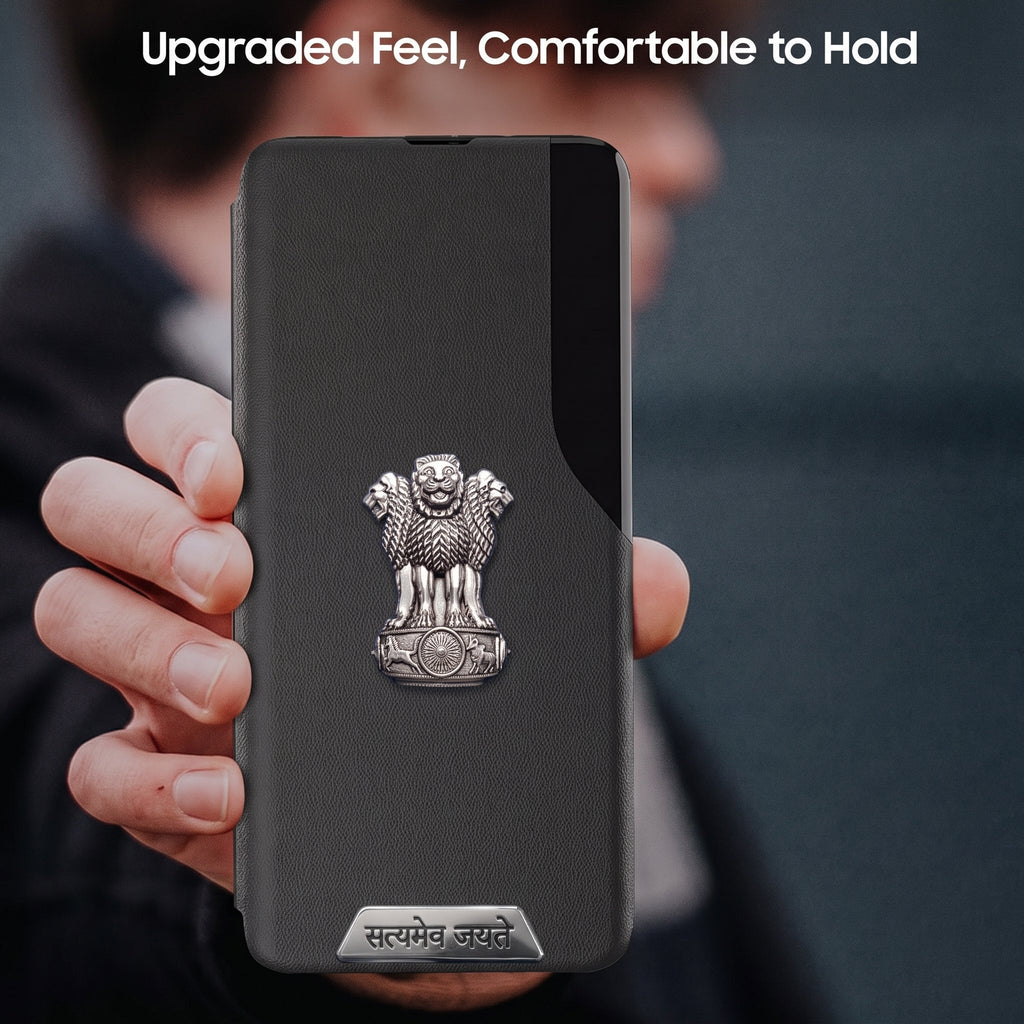 Vivo T3 5G Metal Satyamev Jayate 2-in-1 Emblem Half-Window Leather Flip Case